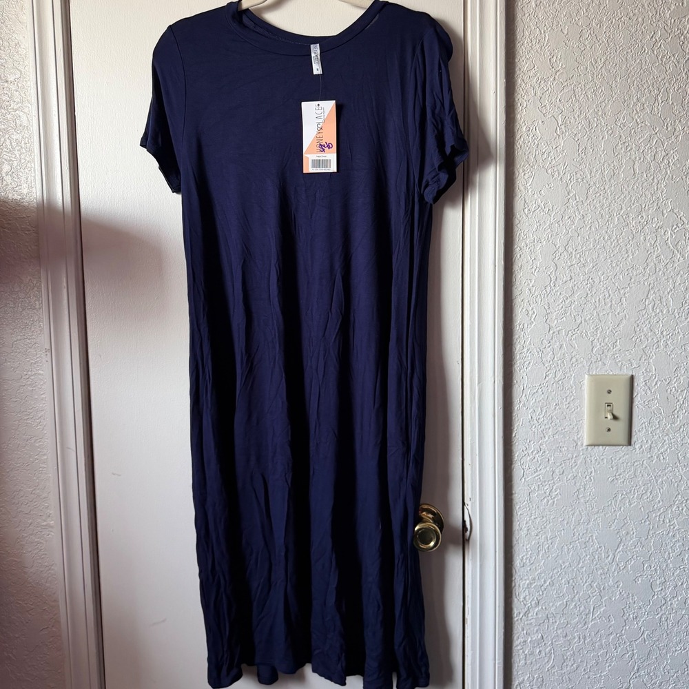 Honey & Lace Napa Dress Navy Blue Short Sleeve Midi Swing Dress M